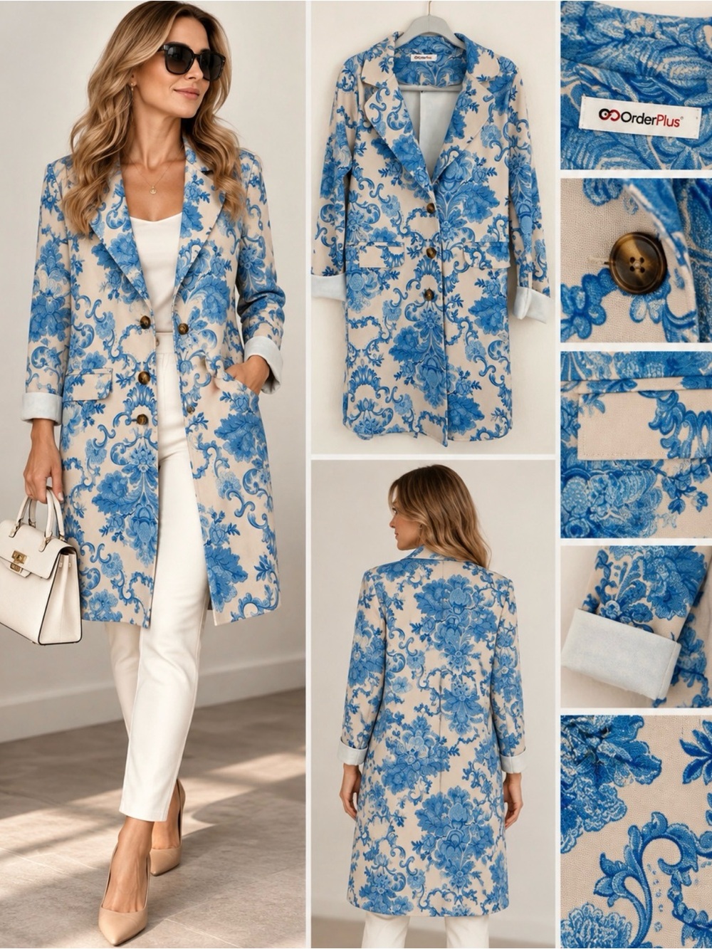 Blue Floral Print Long Women's Coat size M